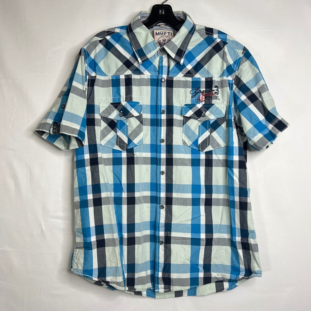Motorsports‎ Blue Plaid Button Up Mens 2XL Graphic Western Short Sleeve Shirt